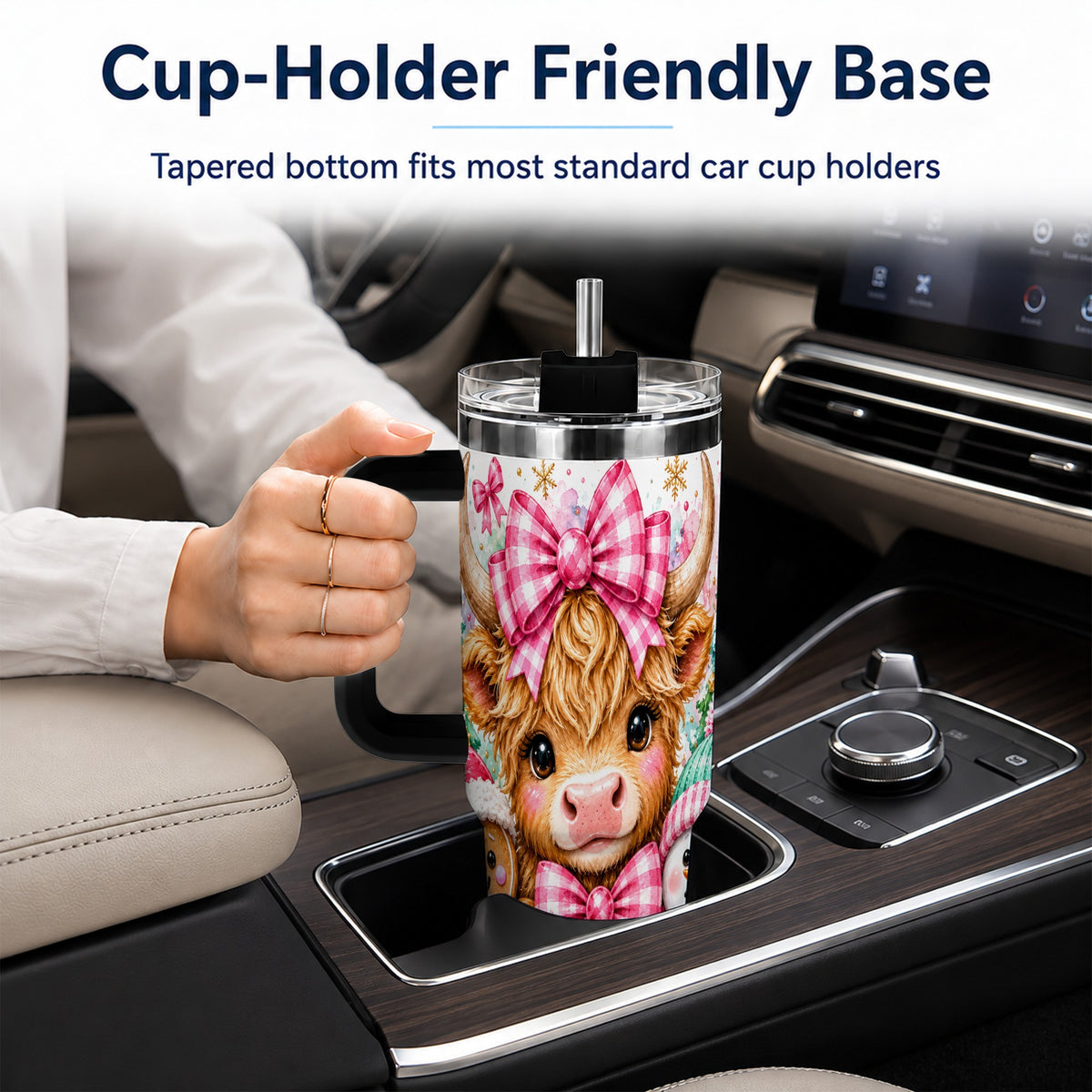 #pl[40oz|Black] Highland Cow 40oz Tumbler with Handle, Pink Christmas Travel Cup