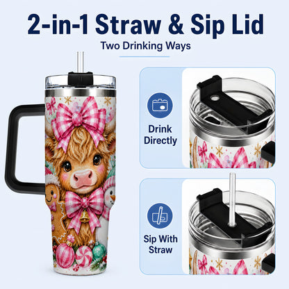 #pl[40oz|Black] Highland Cow 40oz Tumbler with Handle, Pink Christmas Travel Cup