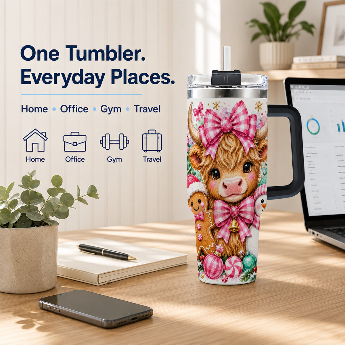 #pl[40oz|Black] Highland Cow 40oz Tumbler with Handle, Pink Christmas Travel Cup