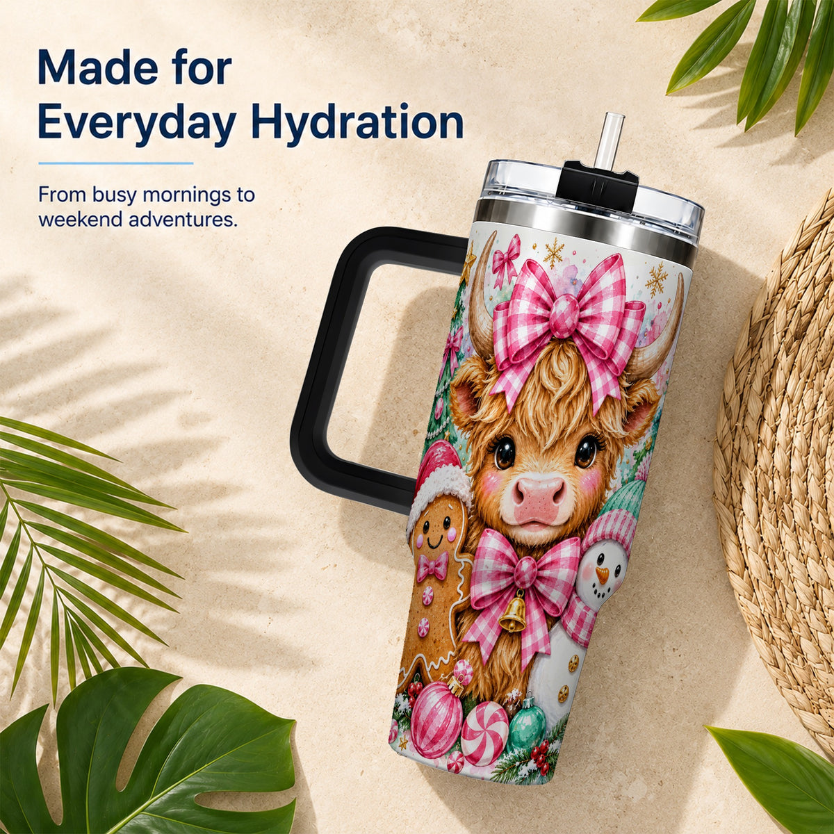 #pl[40oz|Black] Highland Cow 40oz Tumbler with Handle, Pink Christmas Travel Cup