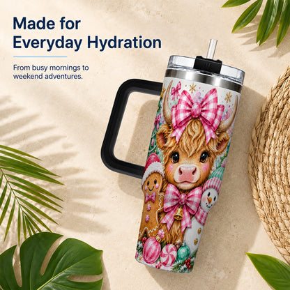 #pl[40oz|Black] Highland Cow 40oz Tumbler with Handle, Pink Christmas Travel Cup