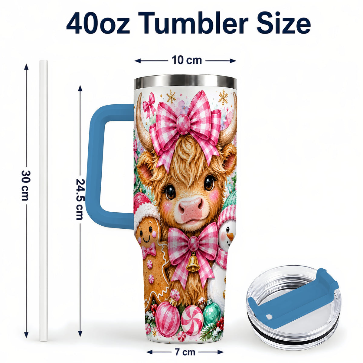 #pl[40oz|Blue] Highland Cow 40oz Tumbler with Handle, Pink Christmas Travel Cup