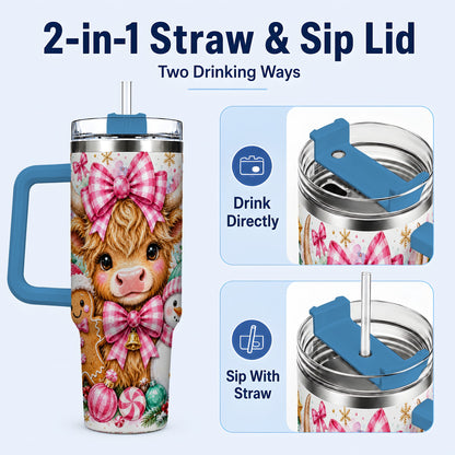 #pl[40oz|Blue] Highland Cow 40oz Tumbler with Handle, Pink Christmas Travel Cup