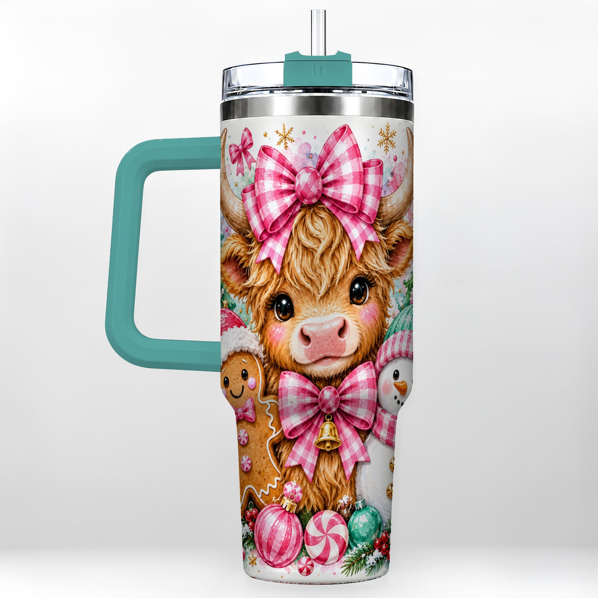 #pl[40oz|Green] Highland Cow 40oz Tumbler with Handle, Pink Christmas Travel Cup
