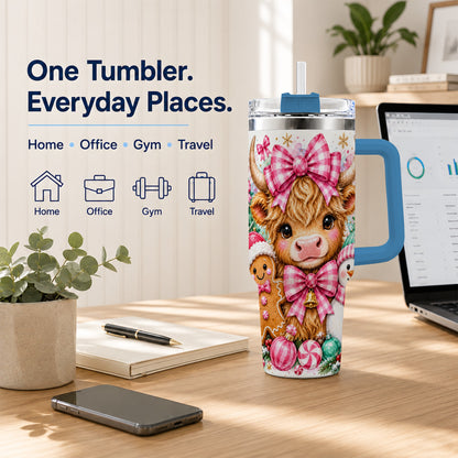 #pl[40oz|Blue] Highland Cow 40oz Tumbler with Handle, Pink Christmas Travel Cup