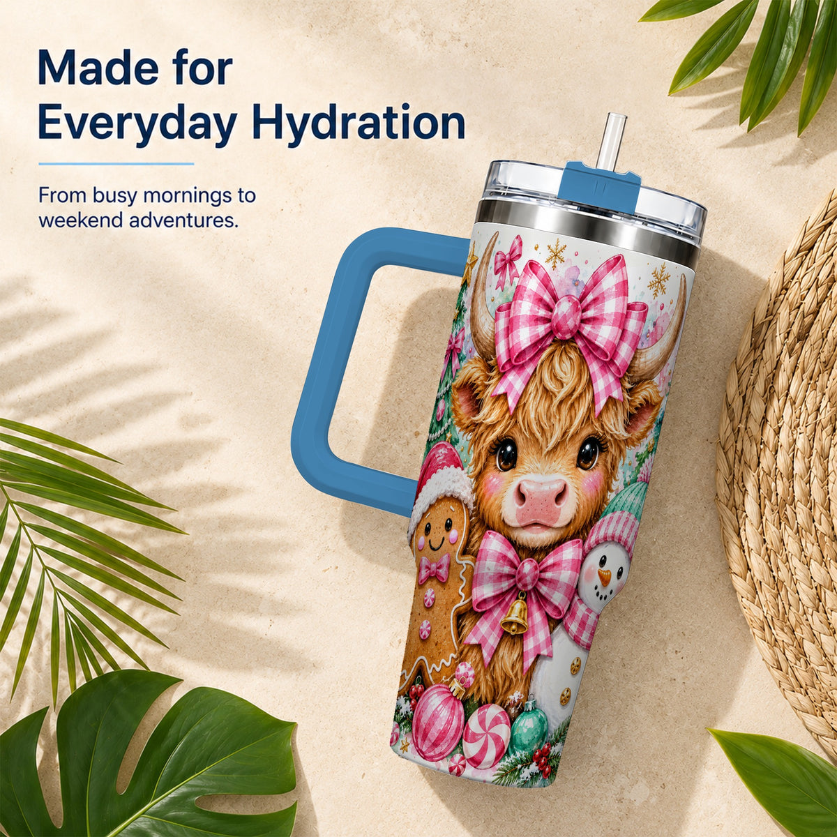 #pl[40oz|Blue] Highland Cow 40oz Tumbler with Handle, Pink Christmas Travel Cup