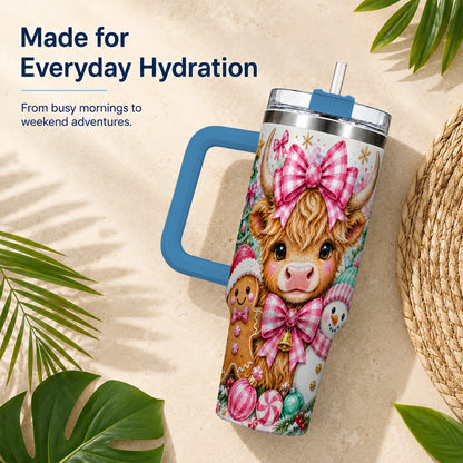 #pl[40oz|Blue] Highland Cow 40oz Tumbler with Handle, Pink Christmas Travel Cup