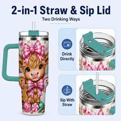 #pl[40oz|Green] Highland Cow 40oz Tumbler with Handle, Pink Christmas Travel Cup