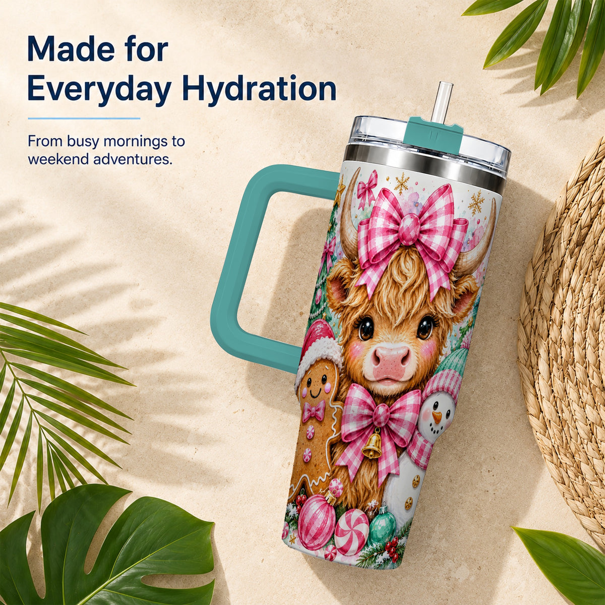 #pl[40oz|Green] Highland Cow 40oz Tumbler with Handle, Pink Christmas Travel Cup
