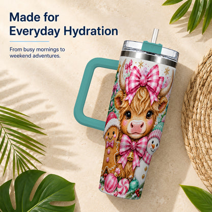 #pl[40oz|Green] Highland Cow 40oz Tumbler with Handle, Pink Christmas Travel Cup