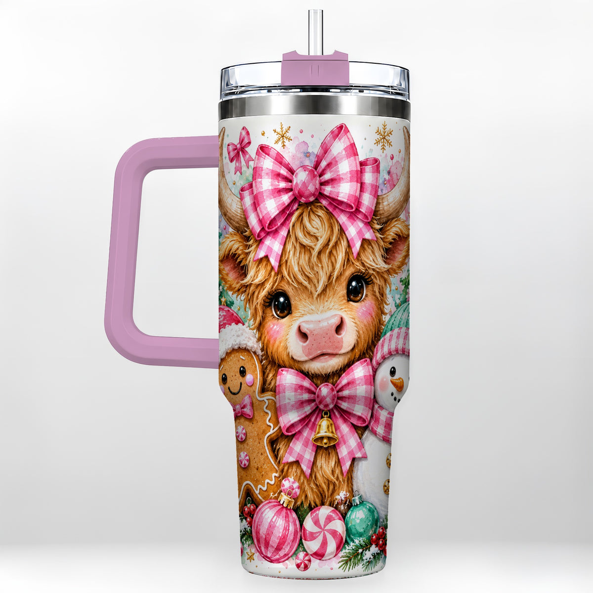 #pl[40oz|Pink] Highland Cow 40oz Tumbler with Handle, Pink Christmas Travel Cup