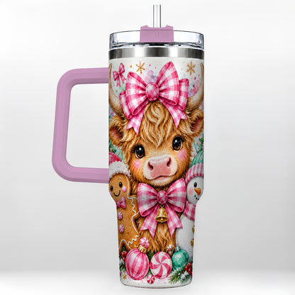 #pl[40oz|Pink] Highland Cow 40oz Tumbler with Handle, Pink Christmas Travel Cup