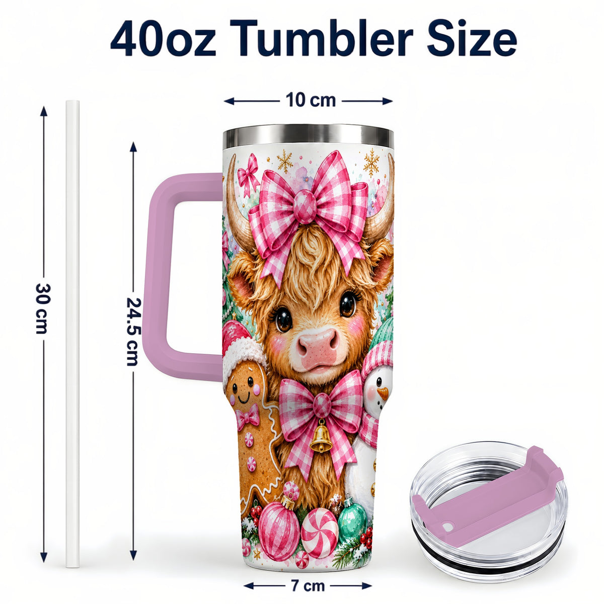 #pl[40oz|Pink] Highland Cow 40oz Tumbler with Handle, Pink Christmas Travel Cup
