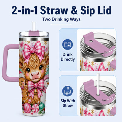 #pl[40oz|Pink] Highland Cow 40oz Tumbler with Handle, Pink Christmas Travel Cup