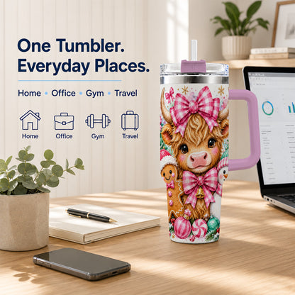 #pl[40oz|Pink] Highland Cow 40oz Tumbler with Handle, Pink Christmas Travel Cup
