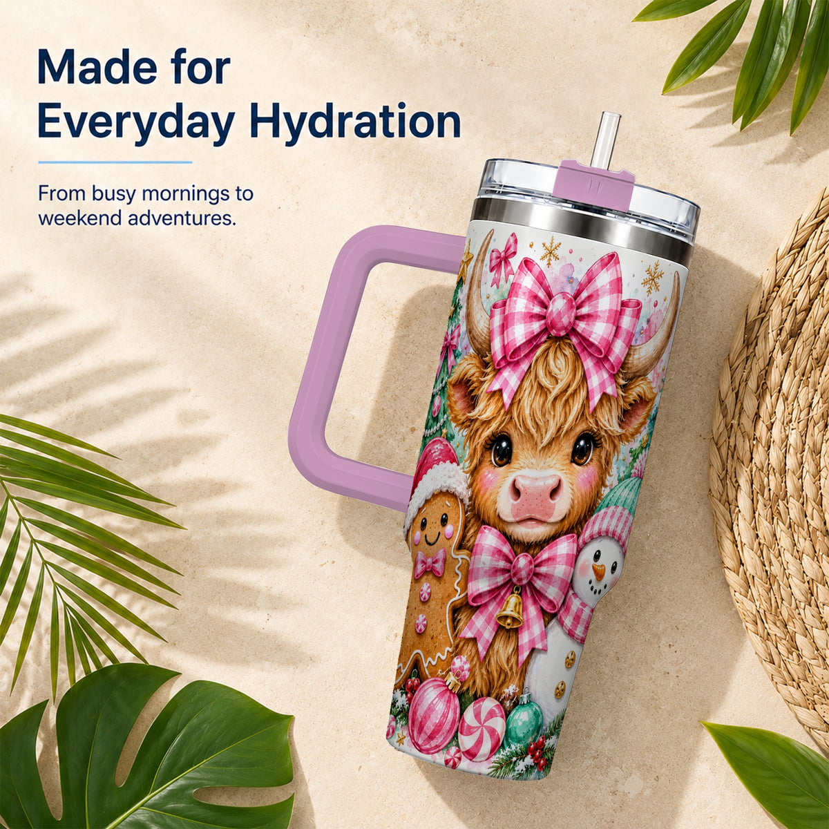 #pl[40oz|Pink] Highland Cow 40oz Tumbler with Handle, Pink Christmas Travel Cup