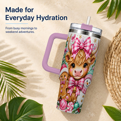 #pl[40oz|Pink] Highland Cow 40oz Tumbler with Handle, Pink Christmas Travel Cup
