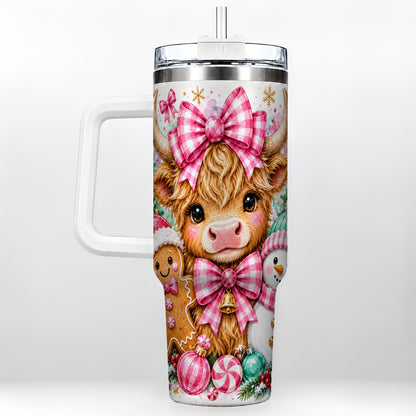 Highland Cow 40oz Tumbler with Handle, Pink Christmas Travel Cup