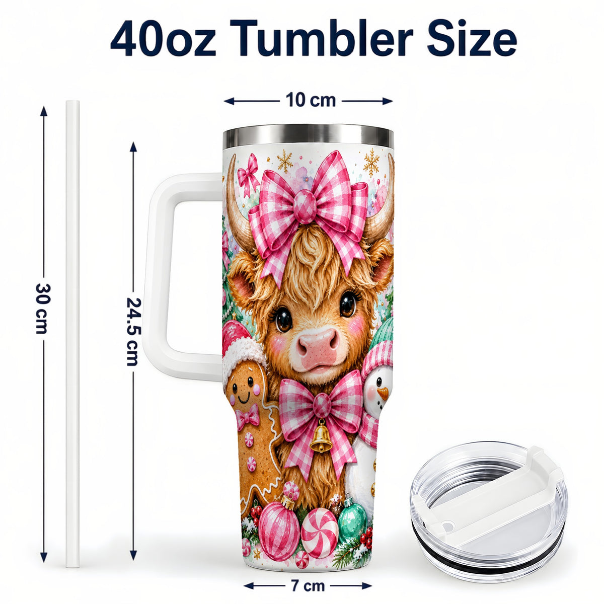 #pl[40oz|White] Highland Cow 40oz Tumbler with Handle, Pink Christmas Travel Cup