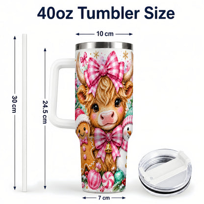 #pl[40oz|White] Highland Cow 40oz Tumbler with Handle, Pink Christmas Travel Cup