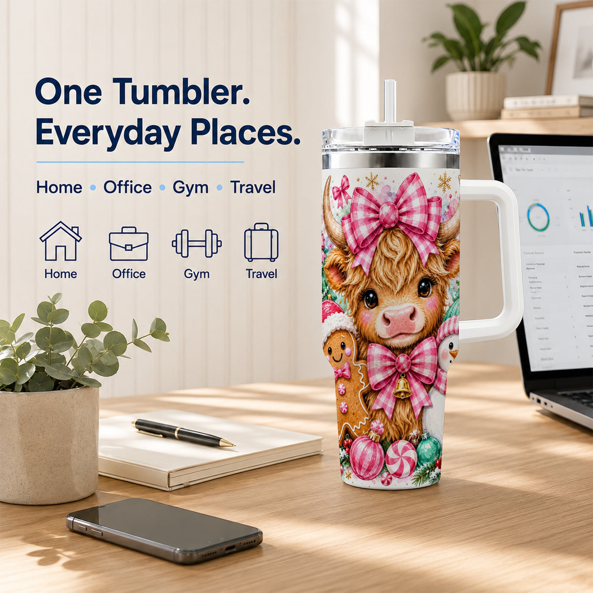 #pl[40oz|White] Highland Cow 40oz Tumbler with Handle, Pink Christmas Travel Cup