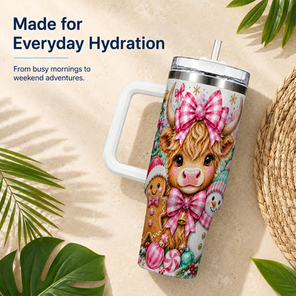 #pl[40oz|White] Highland Cow 40oz Tumbler with Handle, Pink Christmas Travel Cup