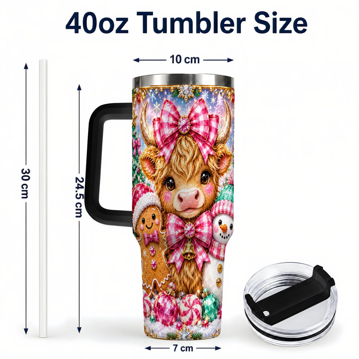 #pl[40oz|Black] Highland Cow 40oz Tumbler with Handle, Jewel Christmas Travel Cup