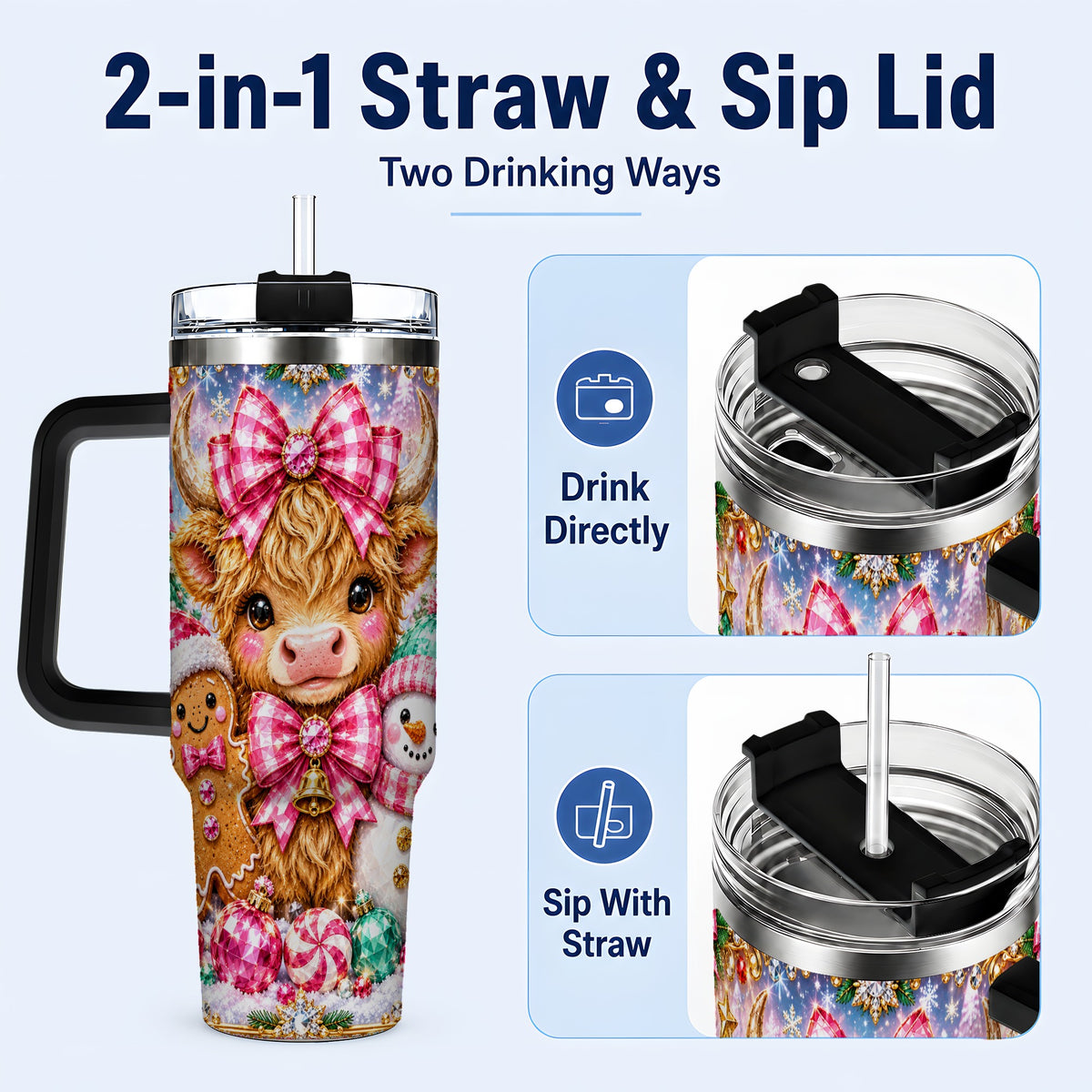 #pl[40oz|Black] Highland Cow 40oz Tumbler with Handle, Jewel Christmas Travel Cup