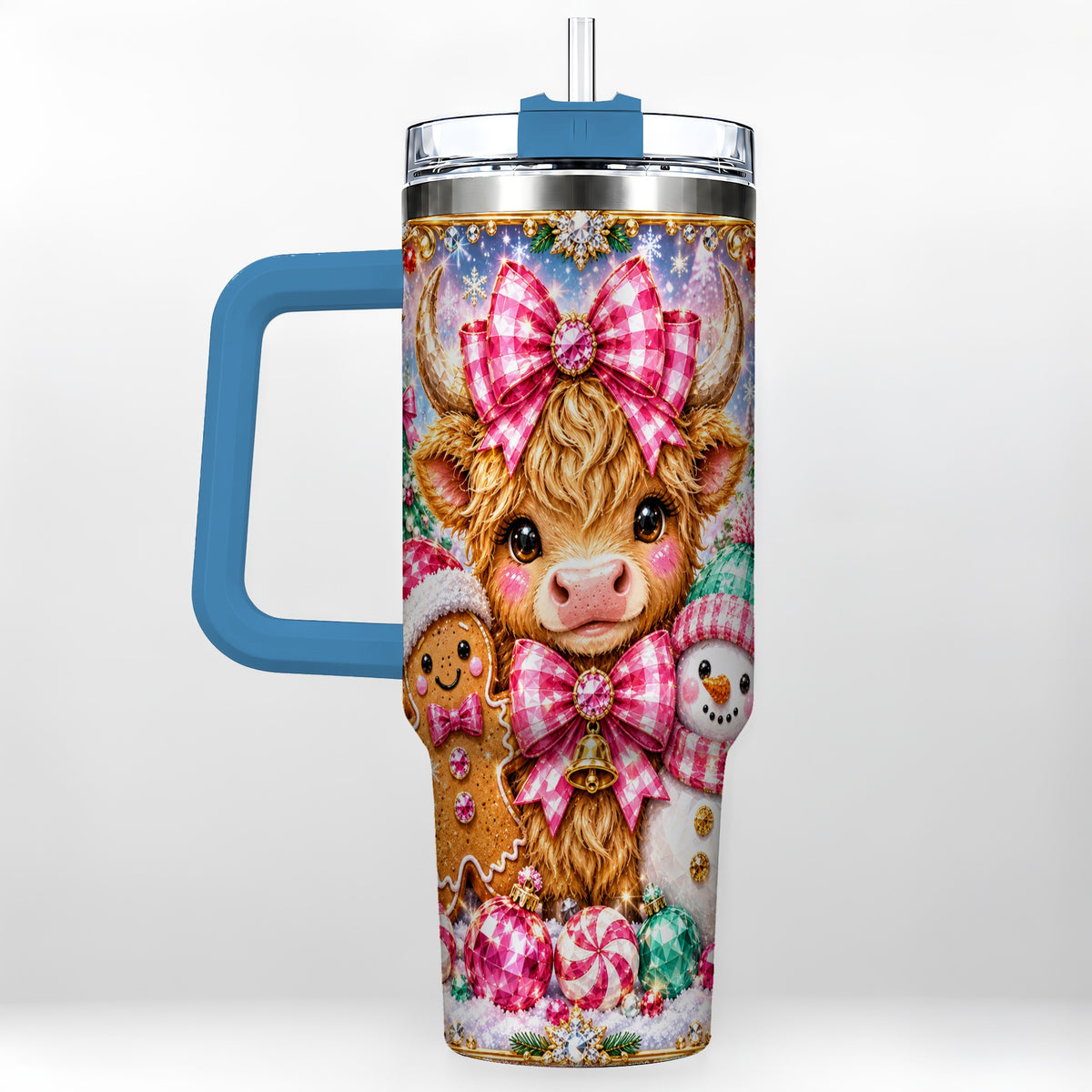 #pl[40oz|Blue] Highland Cow 40oz Tumbler with Handle, Jewel Christmas Travel Cup