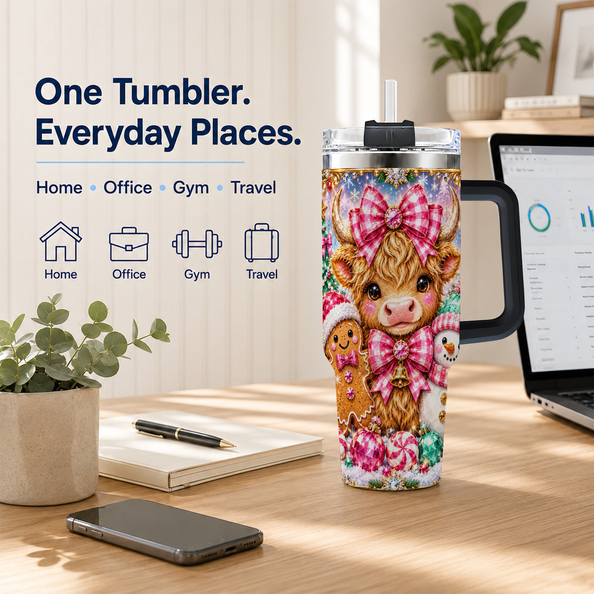 #pl[40oz|Black] Highland Cow 40oz Tumbler with Handle, Jewel Christmas Travel Cup