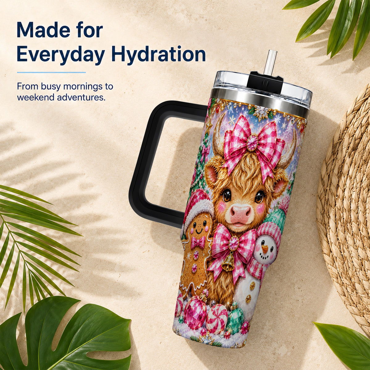 #pl[40oz|Black] Highland Cow 40oz Tumbler with Handle, Jewel Christmas Travel Cup