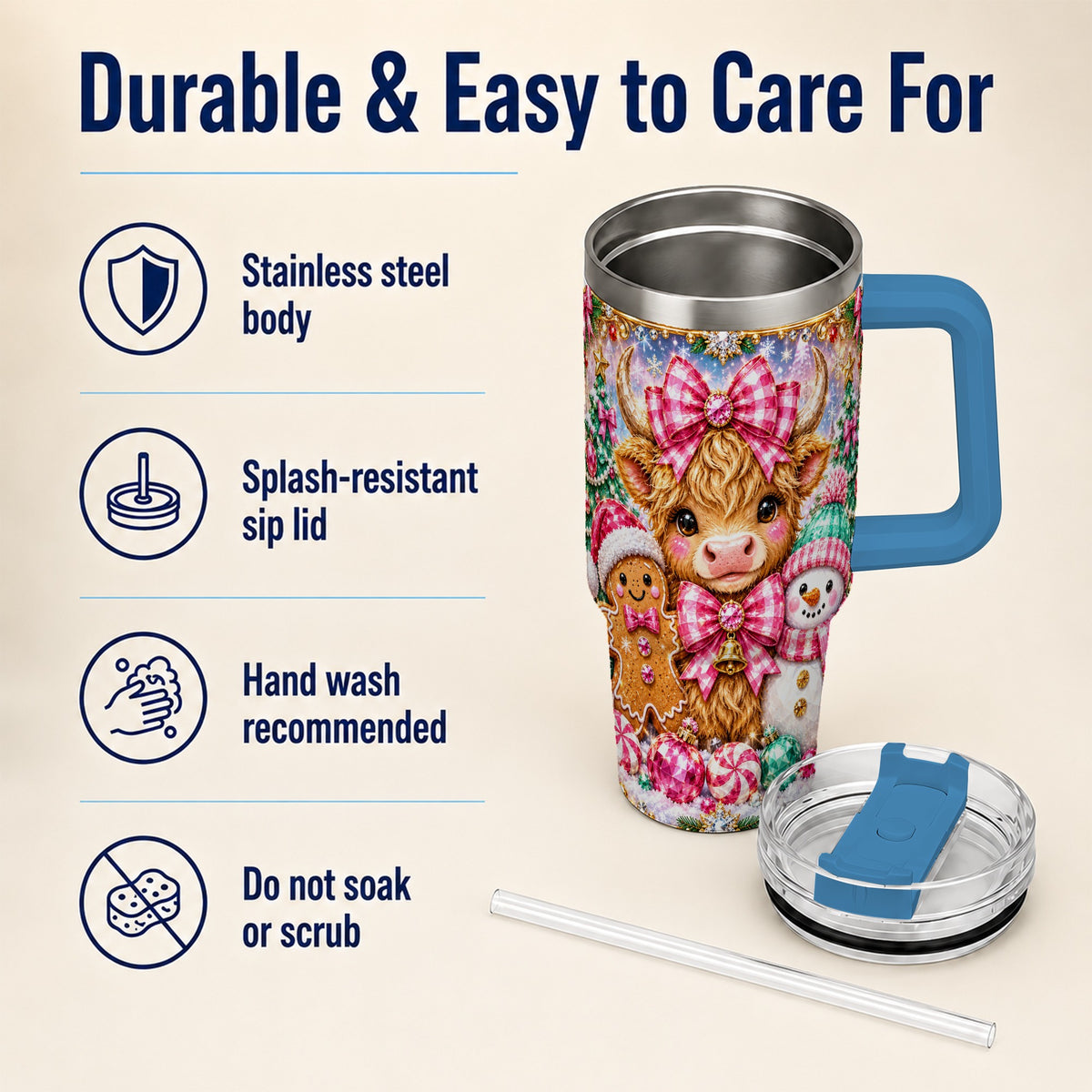#pl[40oz|Blue] Highland Cow 40oz Tumbler with Handle, Jewel Christmas Travel Cup