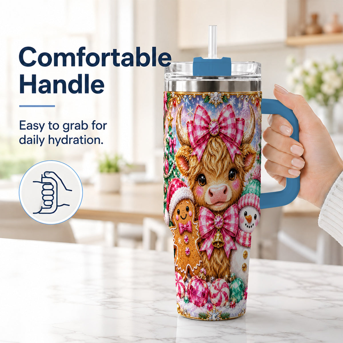 #pl[40oz|Blue] Highland Cow 40oz Tumbler with Handle, Jewel Christmas Travel Cup