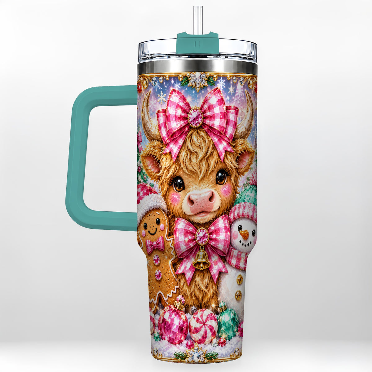 #pl[40oz|Green] Highland Cow 40oz Tumbler with Handle, Jewel Christmas Travel Cup