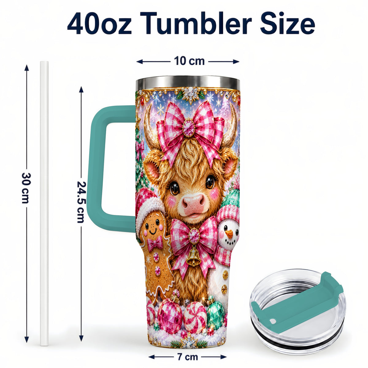 #pl[40oz|Green] Highland Cow 40oz Tumbler with Handle, Jewel Christmas Travel Cup