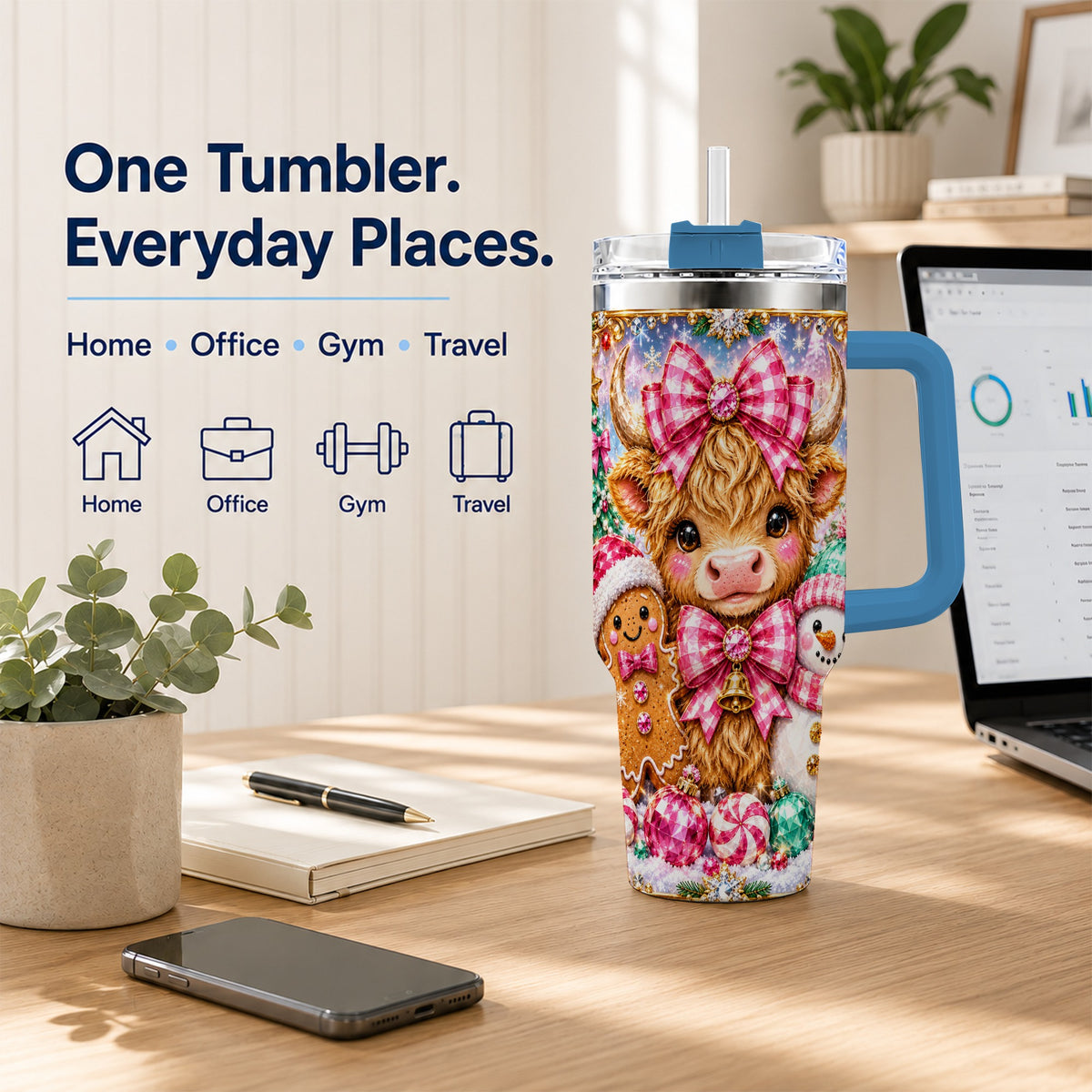 #pl[40oz|Blue] Highland Cow 40oz Tumbler with Handle, Jewel Christmas Travel Cup
