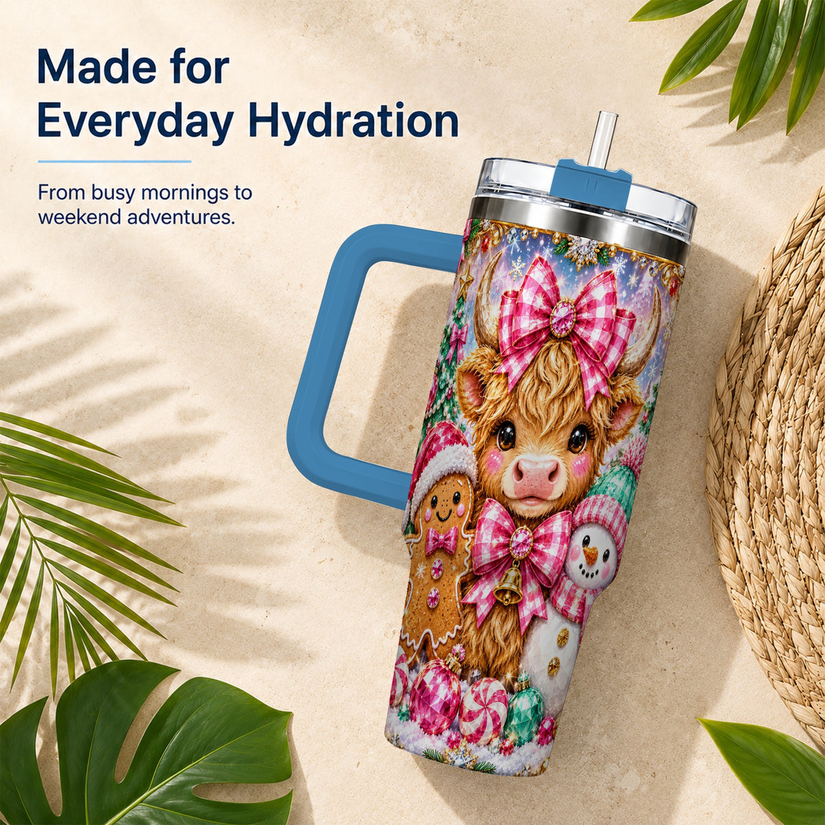 #pl[40oz|Blue] Highland Cow 40oz Tumbler with Handle, Jewel Christmas Travel Cup