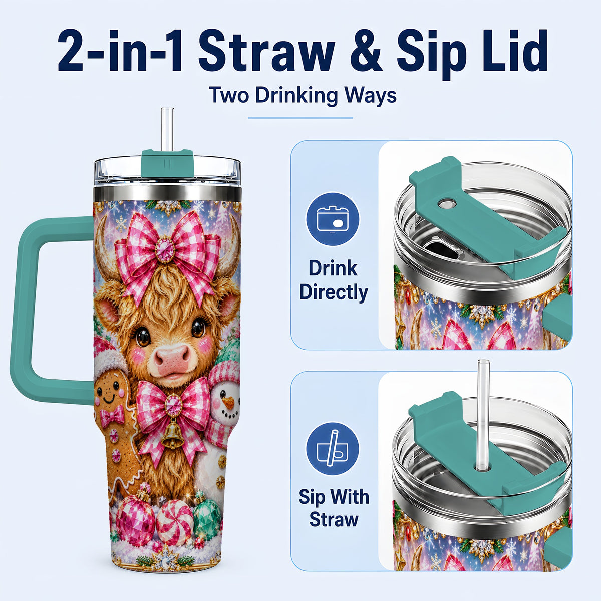 #pl[40oz|Green] Highland Cow 40oz Tumbler with Handle, Jewel Christmas Travel Cup