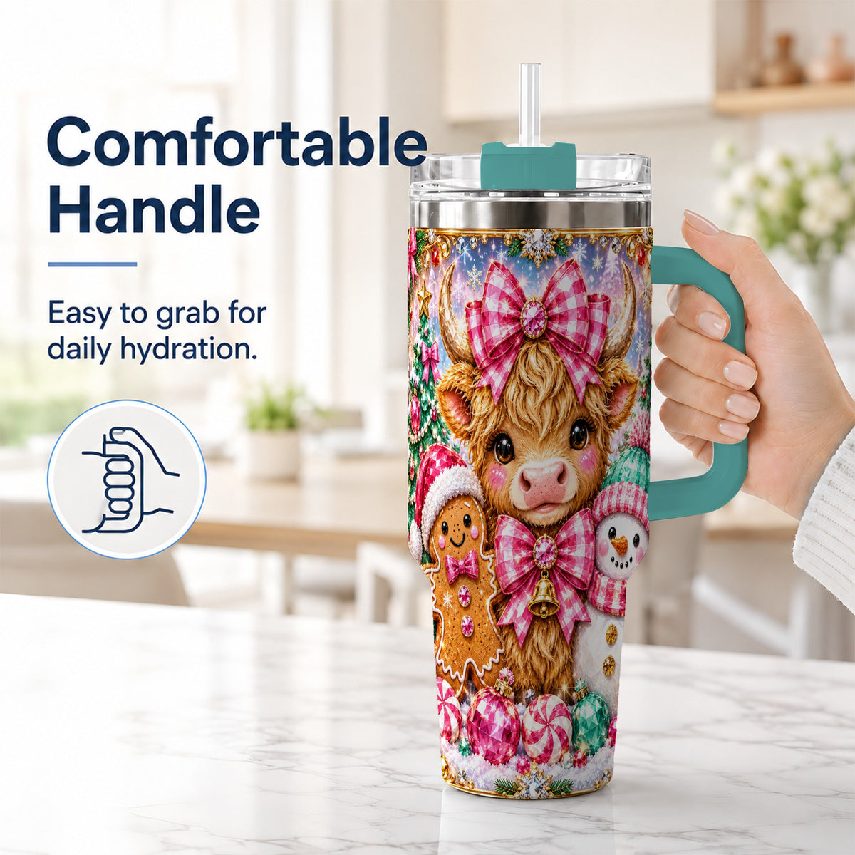 #pl[40oz|Green] Highland Cow 40oz Tumbler with Handle, Jewel Christmas Travel Cup