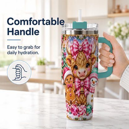 #pl[40oz|Green] Highland Cow 40oz Tumbler with Handle, Jewel Christmas Travel Cup