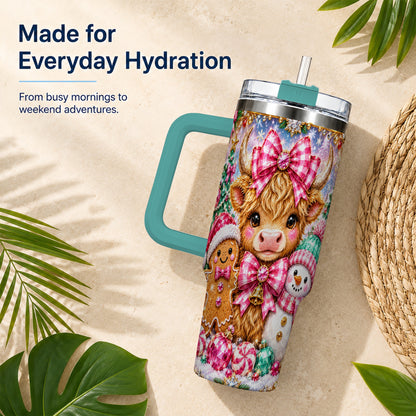 #pl[40oz|Green] Highland Cow 40oz Tumbler with Handle, Jewel Christmas Travel Cup