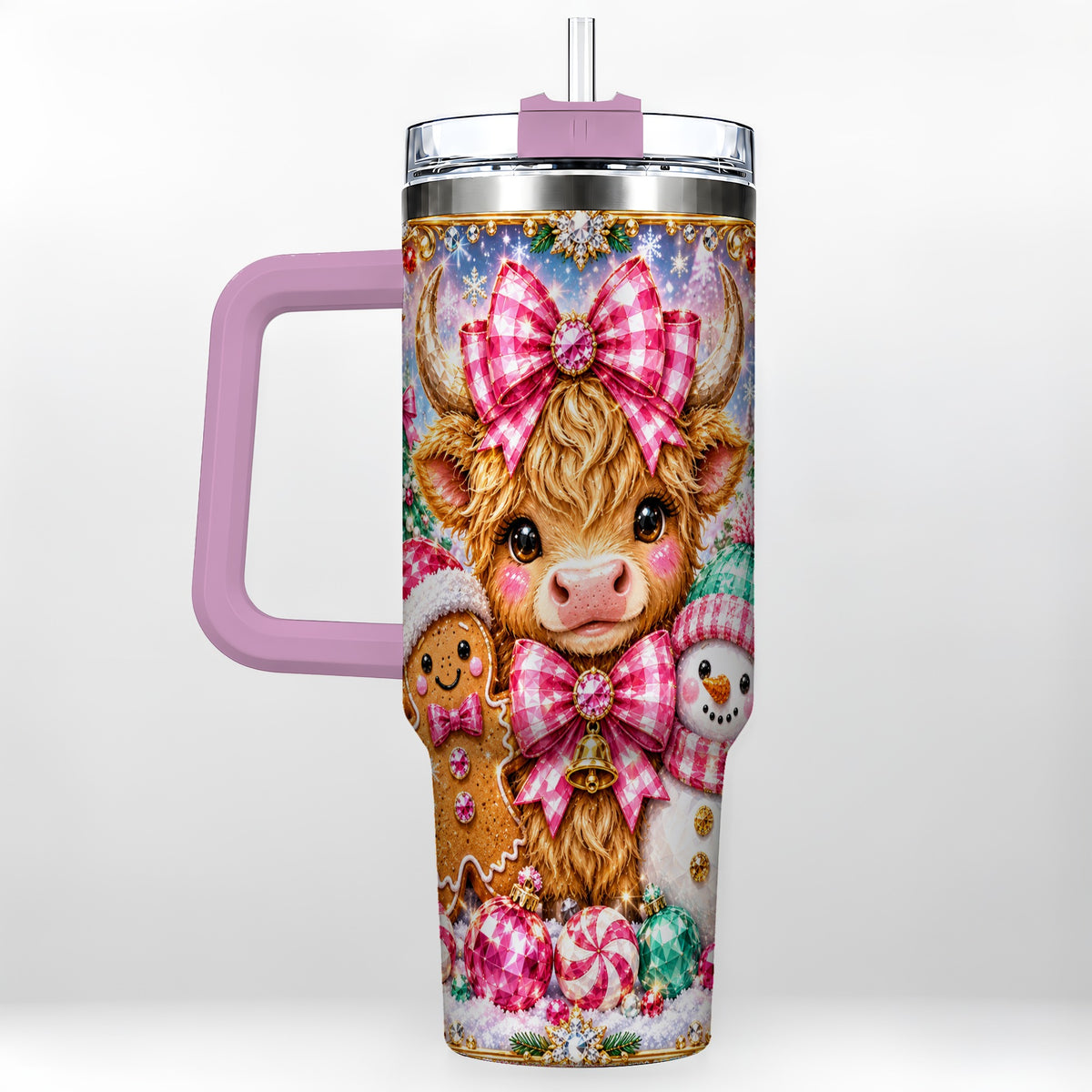 #pl[40oz|Pink] Highland Cow 40oz Tumbler with Handle, Jewel Christmas Travel Cup