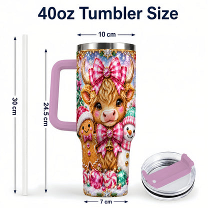 #pl[40oz|Pink] Highland Cow 40oz Tumbler with Handle, Jewel Christmas Travel Cup