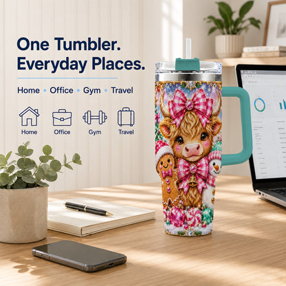 #pl[40oz|Green] Highland Cow 40oz Tumbler with Handle, Jewel Christmas Travel Cup