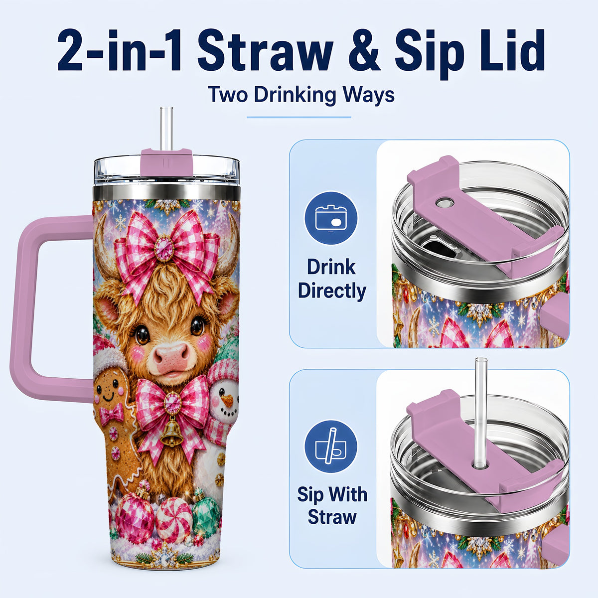 #pl[40oz|Pink] Highland Cow 40oz Tumbler with Handle, Jewel Christmas Travel Cup