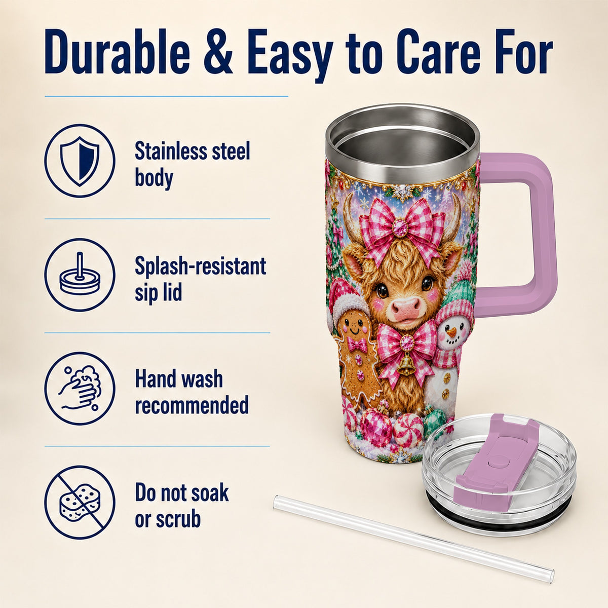 #pl[40oz|Pink] Highland Cow 40oz Tumbler with Handle, Jewel Christmas Travel Cup