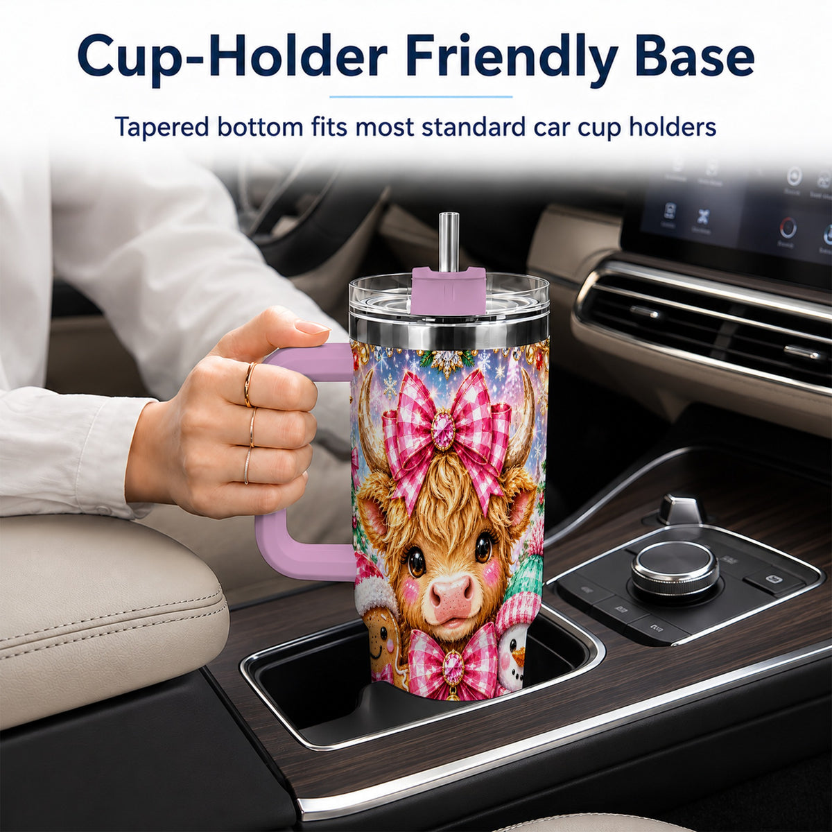 #pl[40oz|Pink] Highland Cow 40oz Tumbler with Handle, Jewel Christmas Travel Cup