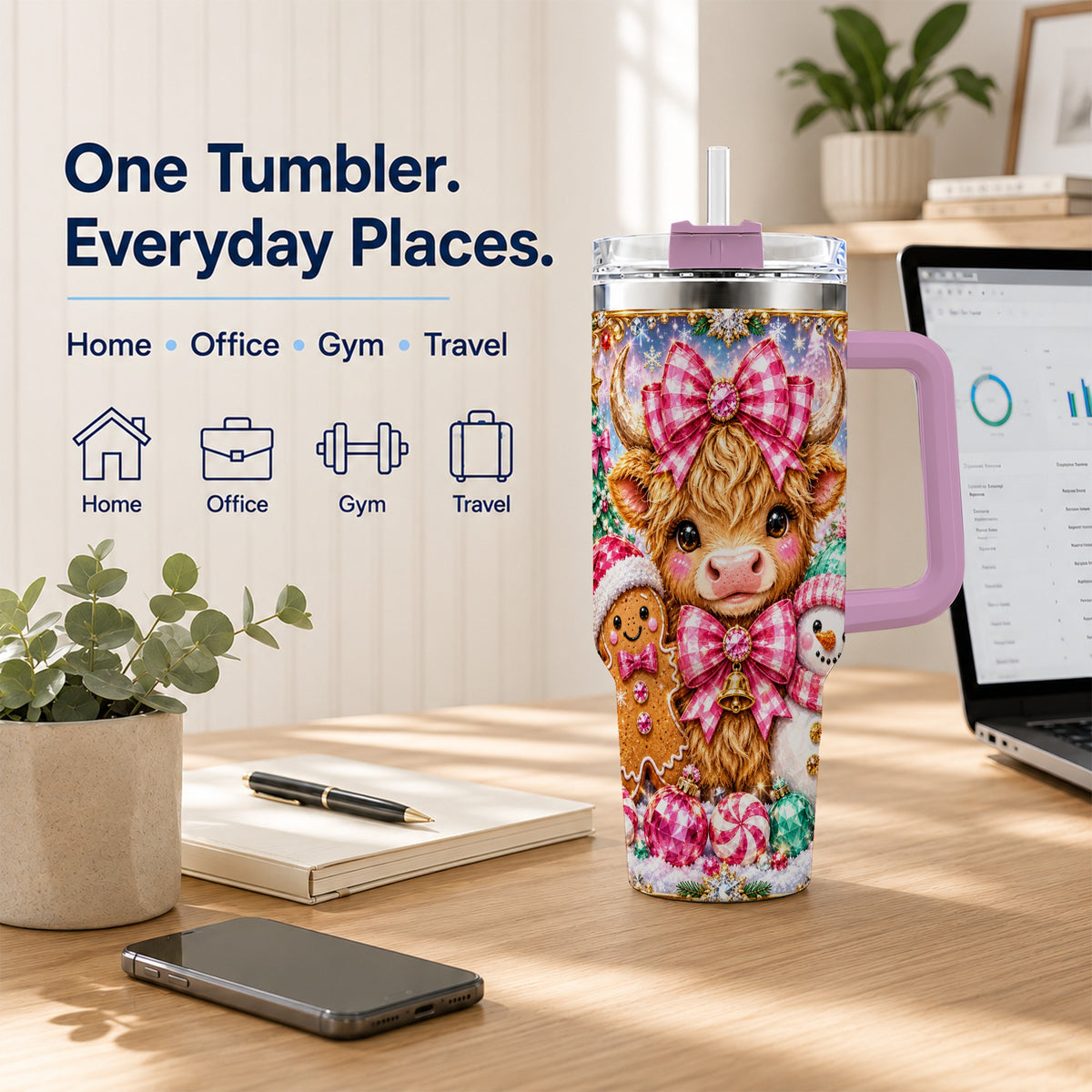 #pl[40oz|Pink] Highland Cow 40oz Tumbler with Handle, Jewel Christmas Travel Cup