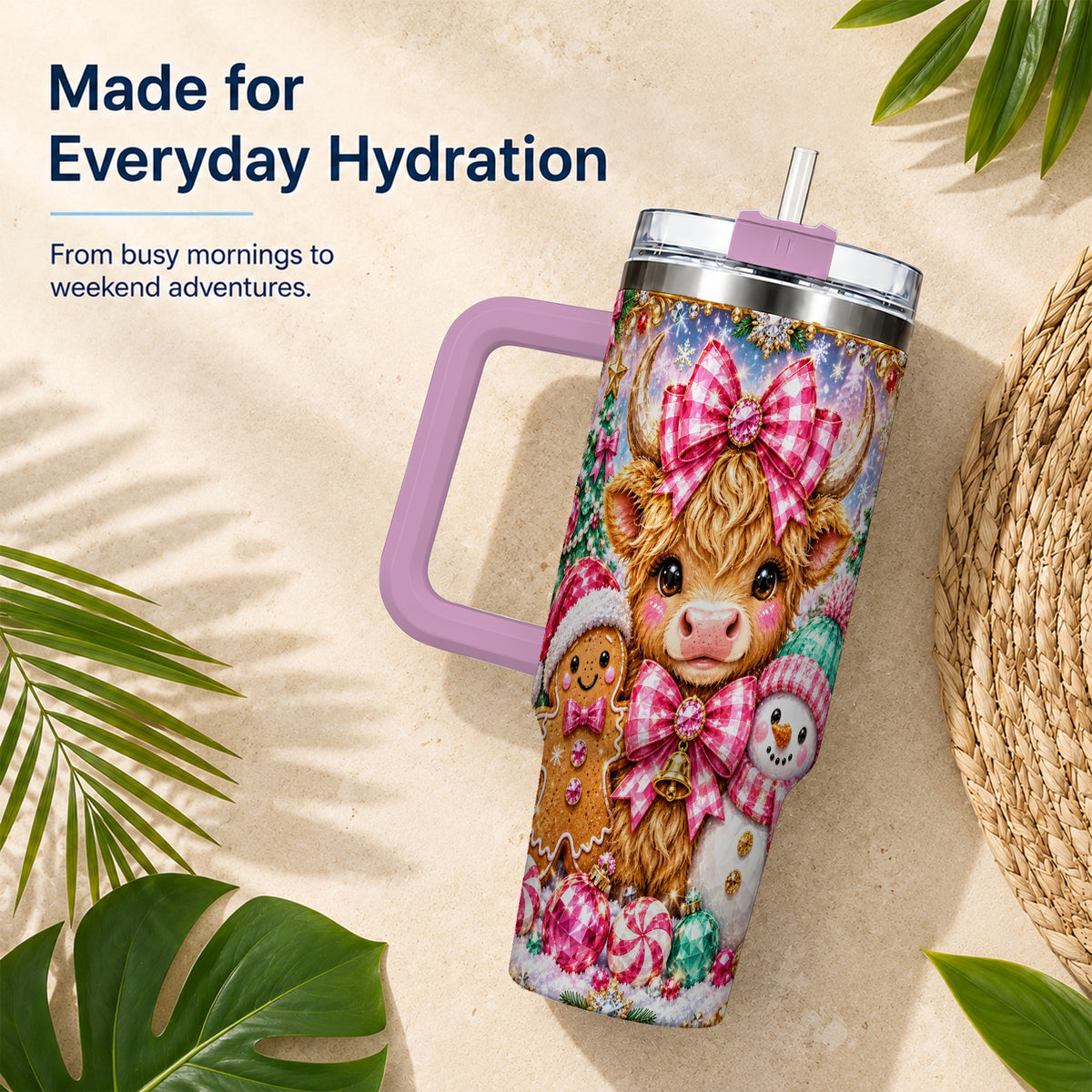 #pl[40oz|Pink] Highland Cow 40oz Tumbler with Handle, Jewel Christmas Travel Cup