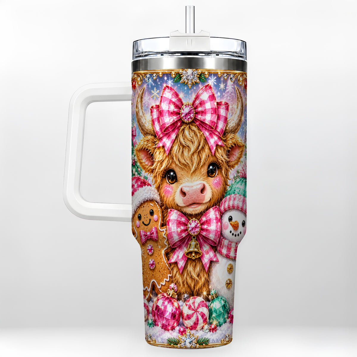 Highland Cow 40oz Tumbler with Handle, Jewel Christmas Travel Cup